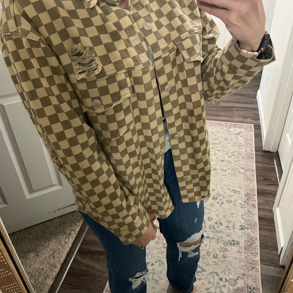 Checkered distress Jean jacket